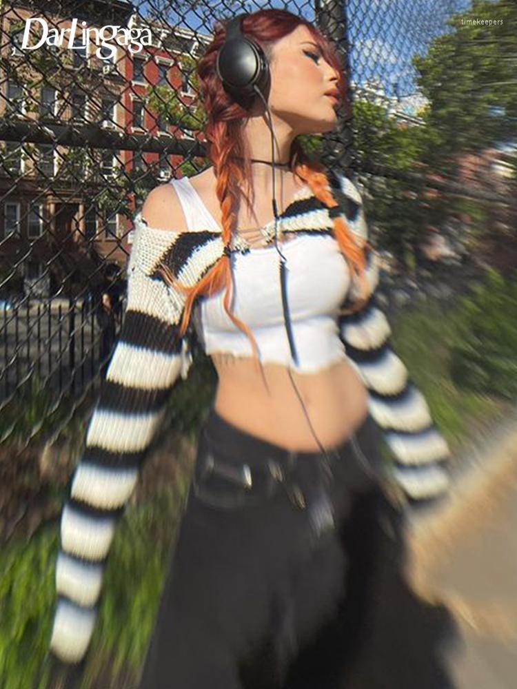 

Women' Knits & Tees Fashion Black White Stripe Knitted Cardigan Smock Tops Super-Short Y2K Sexy Sweater Sun-Protection Pins Up KnitwearWome