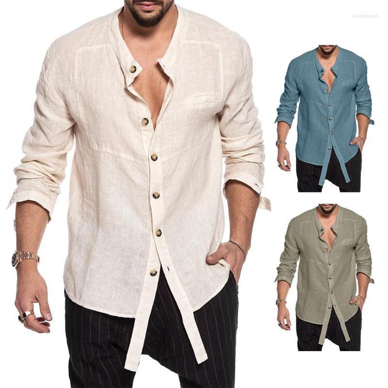 

Men's Casual Shirts Men Linen Shirt Solid Color Long Sleeve Stand Collar Single-breasted Male Oversized Vintage Tops Plus SizeMen's Eldd22, Blue