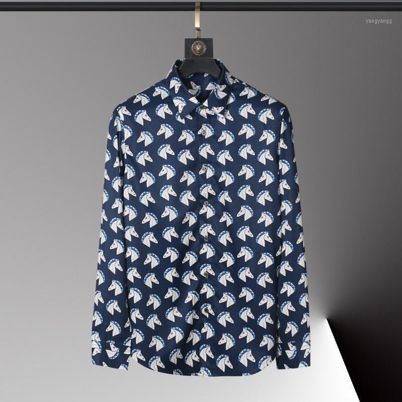 

Men's Casual Shirts Allover Printed Male Luxury Long Sleeve Mens Dress High Quality Slim Fit Party Man 3XL, Navy