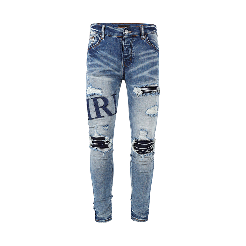 

Mens jeans washed with old design letters embroidered patch casual slim skinny European and American street style, Blue