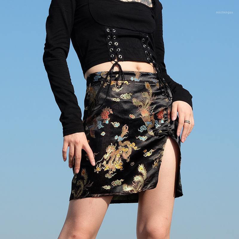 

Skirts Black Goth Hipster Women Mini Hip-hop Empire Skirt Dragon Gothic Punk Chinese Cool Split Hip Embroidery Style 2022 Lady