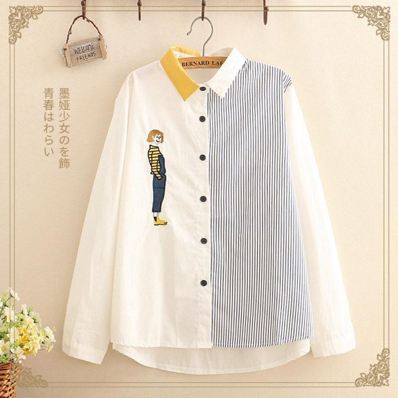 

Women's Blouses & Shirts 2022 Spring Autumn Women Loose Long Sleeve Patchwork Office Ladies Tops Female Embroidered Casual Striped S376, Black