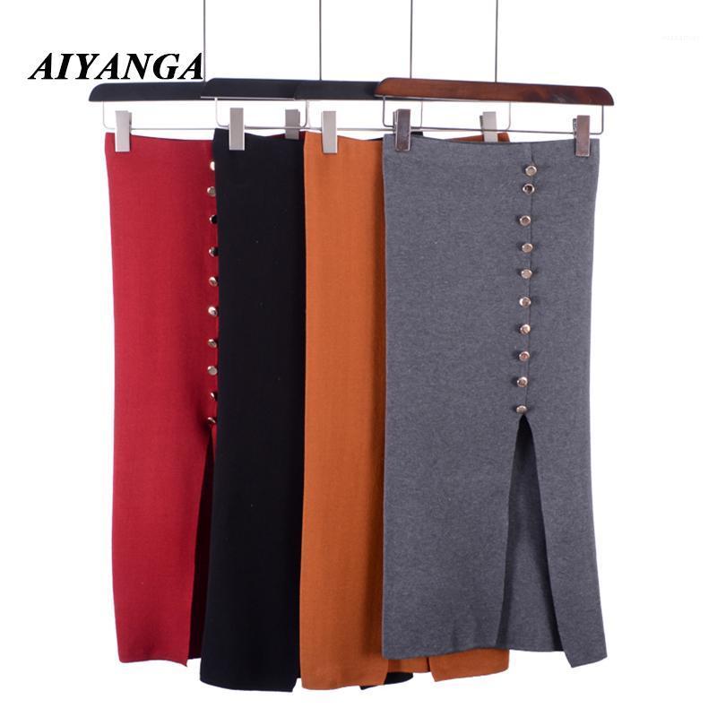 

Skirts 2022 Women Knitted Skirt Autumn Winter Sexy Solid Single-breasted High Waist Pencil Split Ladies Elastic Saia, Black