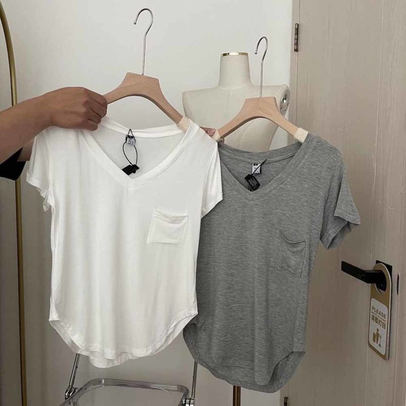 

Korean Short Sleeve V-neck Slim Split Irregular Solid Color Pocket T-Shirt Top Women's Summer Tees Hot Sexy Tops 0613, White