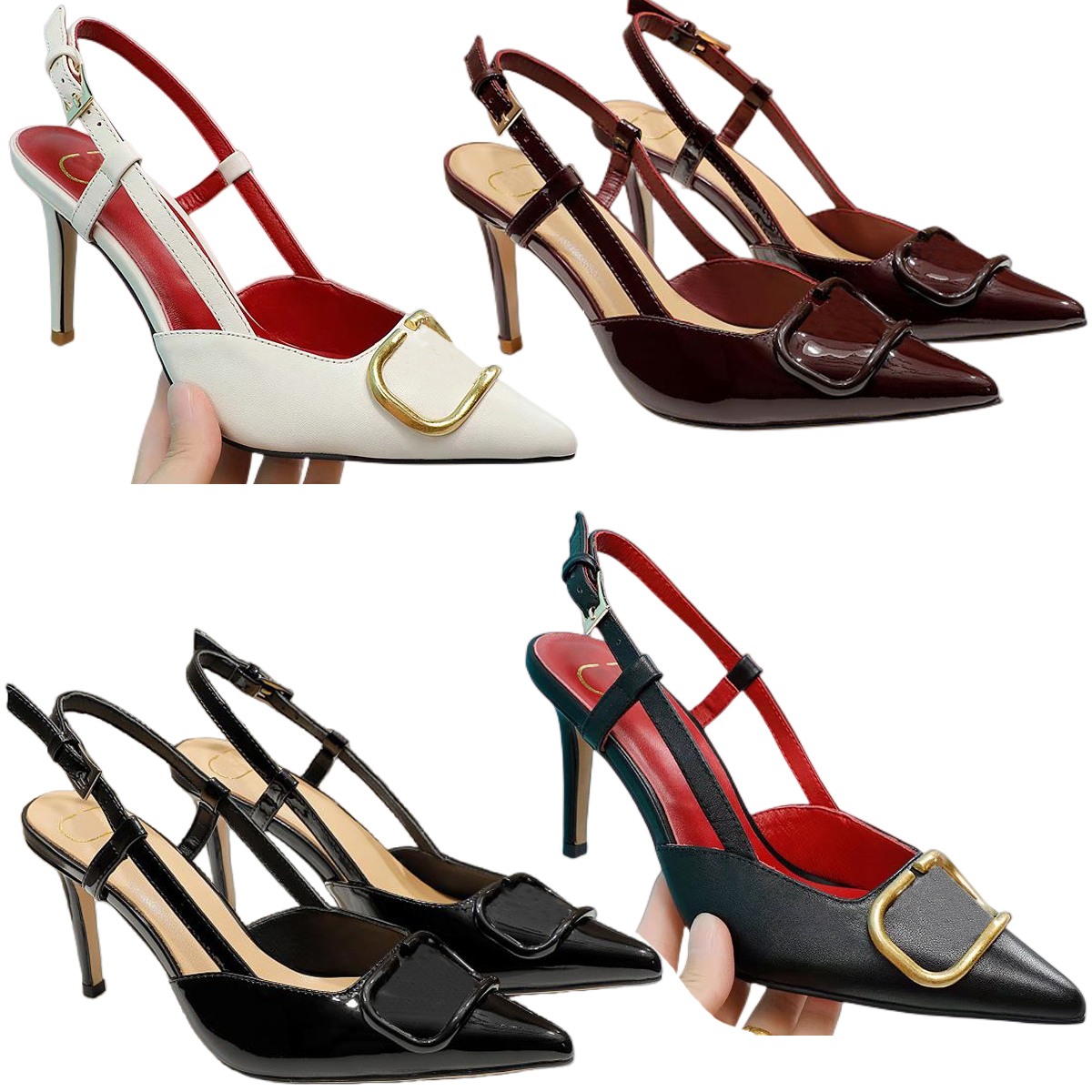 Brand Designers Women Shoes Fashion Top Quality Genuine Leather High Heels Sexy Pointed 8cm Stiletto Dress Shoes Casual Classic Gold Letter Metal