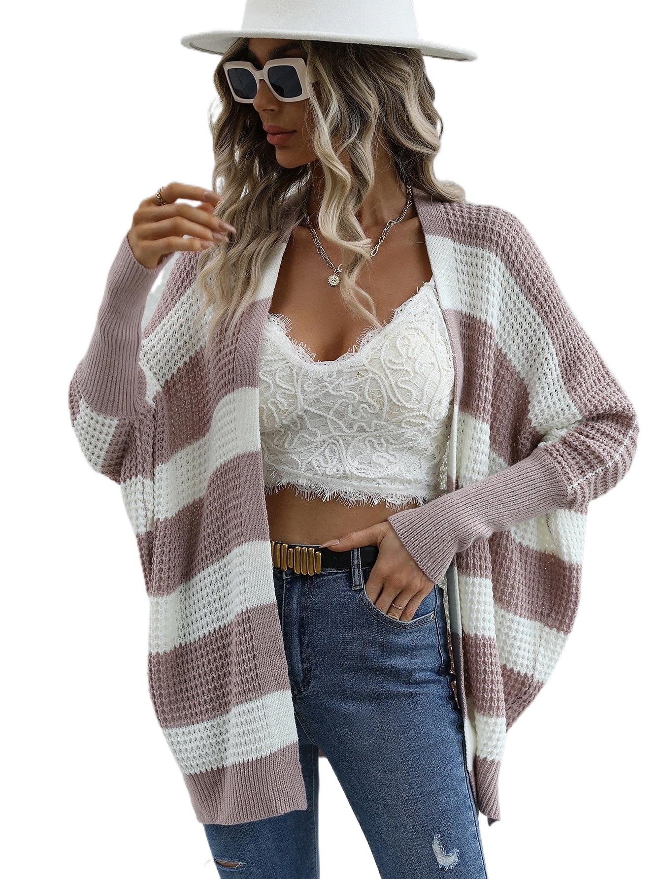 

stripe Pattern Batwing Sleeve Duster Cardigan n8mv#, Multicolor