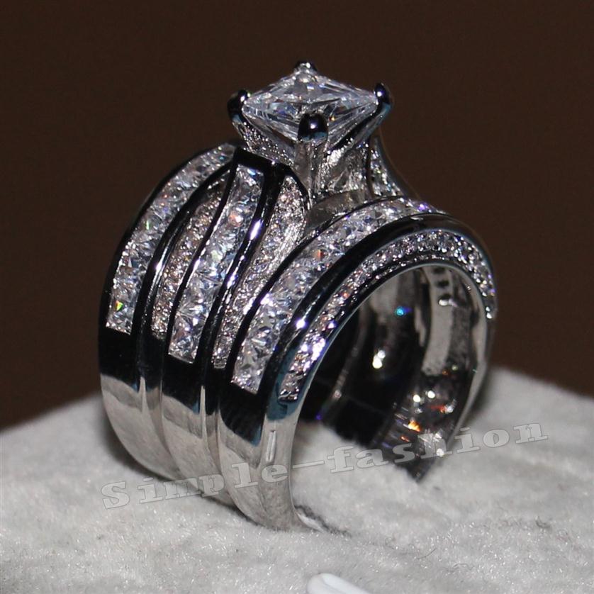 

Fine Jewelry Princess cut 20ct Cz diamond Engagement Wedding Band Ring Set for Women 14KT White Gold Filled Finger ring297P