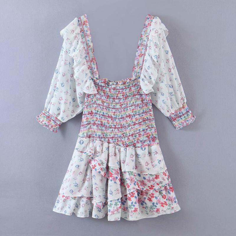 

Plus Size Dresses Women Elegant Mini Dress Square Collar Short Puff Sleeve Print Floral Ruffles Sweet Cute Style Vestidso High Quality 2022, Beige