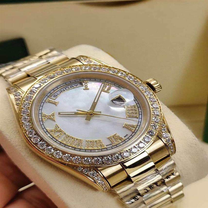 Fashion Men's Automatic Mechanical Watch 41mm Daydate Diamond Iced Out Silver Full Stainless Steel Strap 2813 Movement Mens W246B