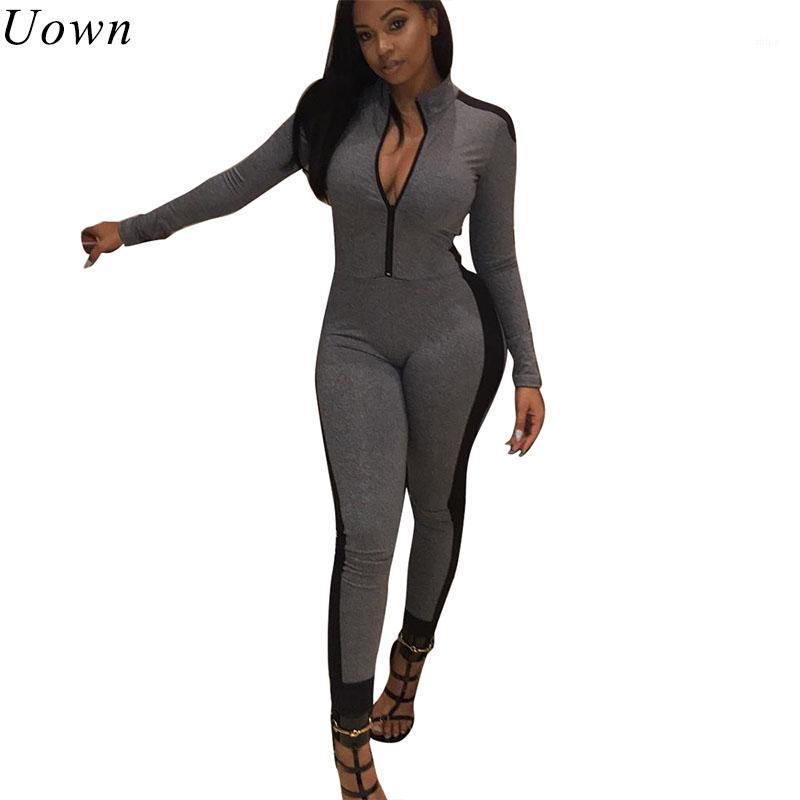 

Wholesale- Lady Stripe Sheath One Piece Outfits Jumpsuit Romper Women Long Sleeve Zipper V- Neck Sexy Bodycon Jumpsuits Bodysuit Overalls, As picture