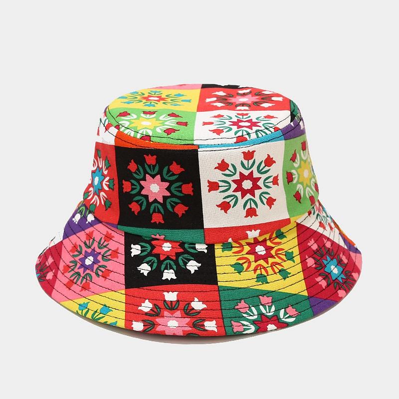 

Berets Double Sided Floral Bucket Hat Women Fashion Femme Caps Summer National Panama Flower Foldable Sun Fishing Fisherman