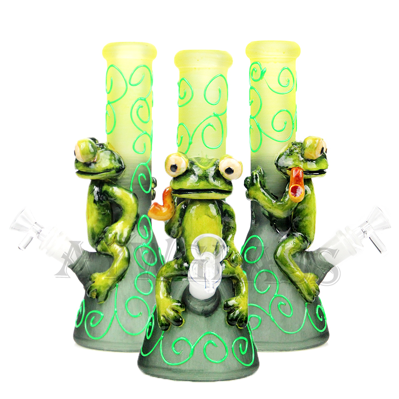 

10 inches glass bong dab rig smoke water pipe hookah 3D frog HandPainting luminous items recyler tobacco smoking water pipes 14 mm Joint Size