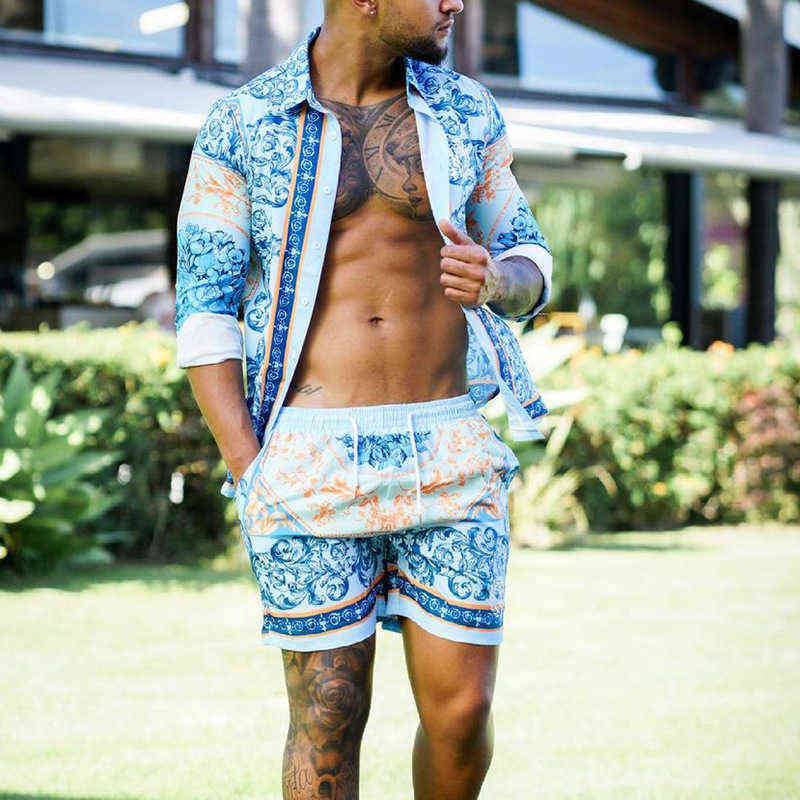 

Men Outfit Set 2022 Summer Casual Seaside Resort Style Shirt + Beach Shorts Suit Sports Printed Top Shorts Two-piece Set G220411, Light blue