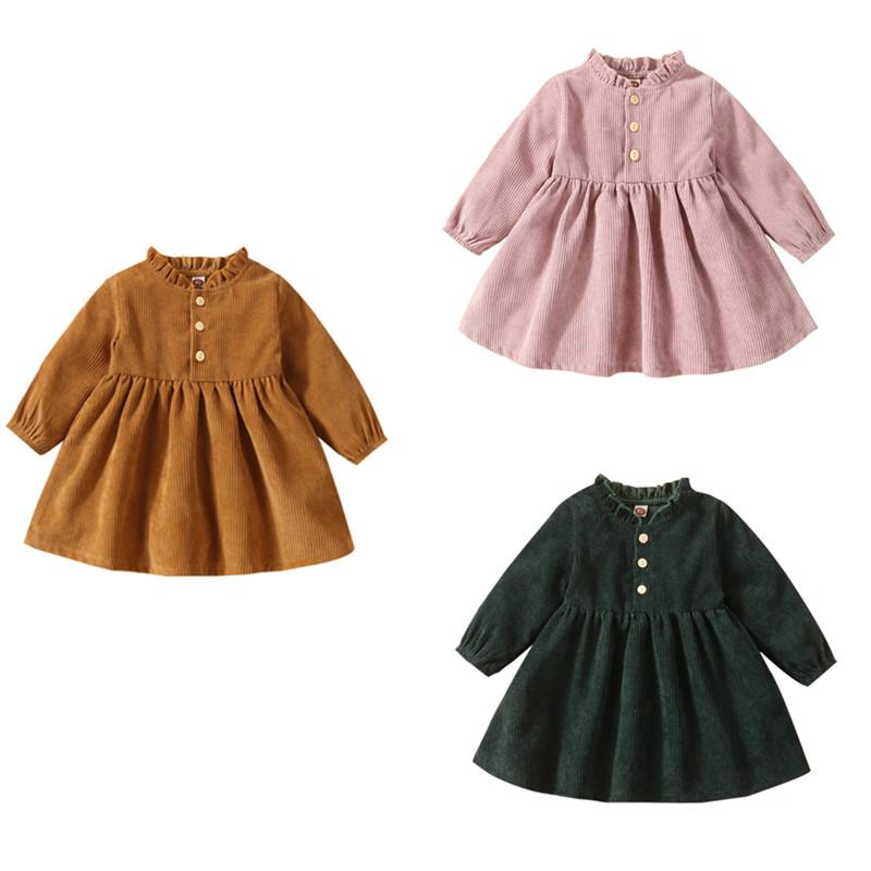 

Girl's Dresses Kids Girls Sweet Style Corduroy Dress,Solid Color Round Neck Long Sleeve Ruffled A-Line Dress For Spring Fall, 1-4Years, Green