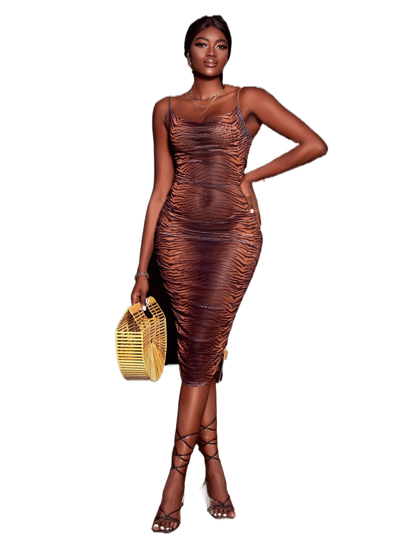 

x ANITTA Tiger Skin Print Draped Collar Mesh Bodycon Dress C78N#, Multicolor