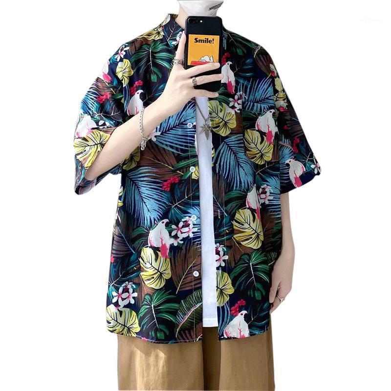 

Japanese Fashion Casual Printed Short-sleeve Blouses Tops 2022 Arrival Beach Wild Chemise Homme Hawaiian Men's Shirts, White