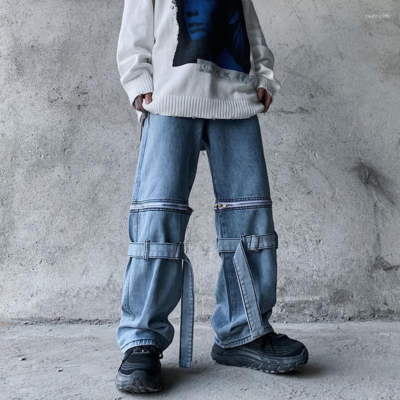 

Men' Jeans High Street Men' Wide Leg Pants Removable Male Trousers Hip-hop Black Blue H9Men' Heat22
