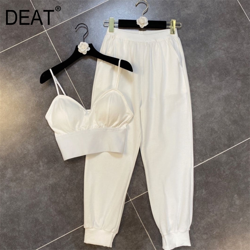 

DEAT Summer Fashion Casual Stapless Hollow Out Sexy Vest High Waist Long Pants Two Piece Set Women Outfits SD020 220510, Black