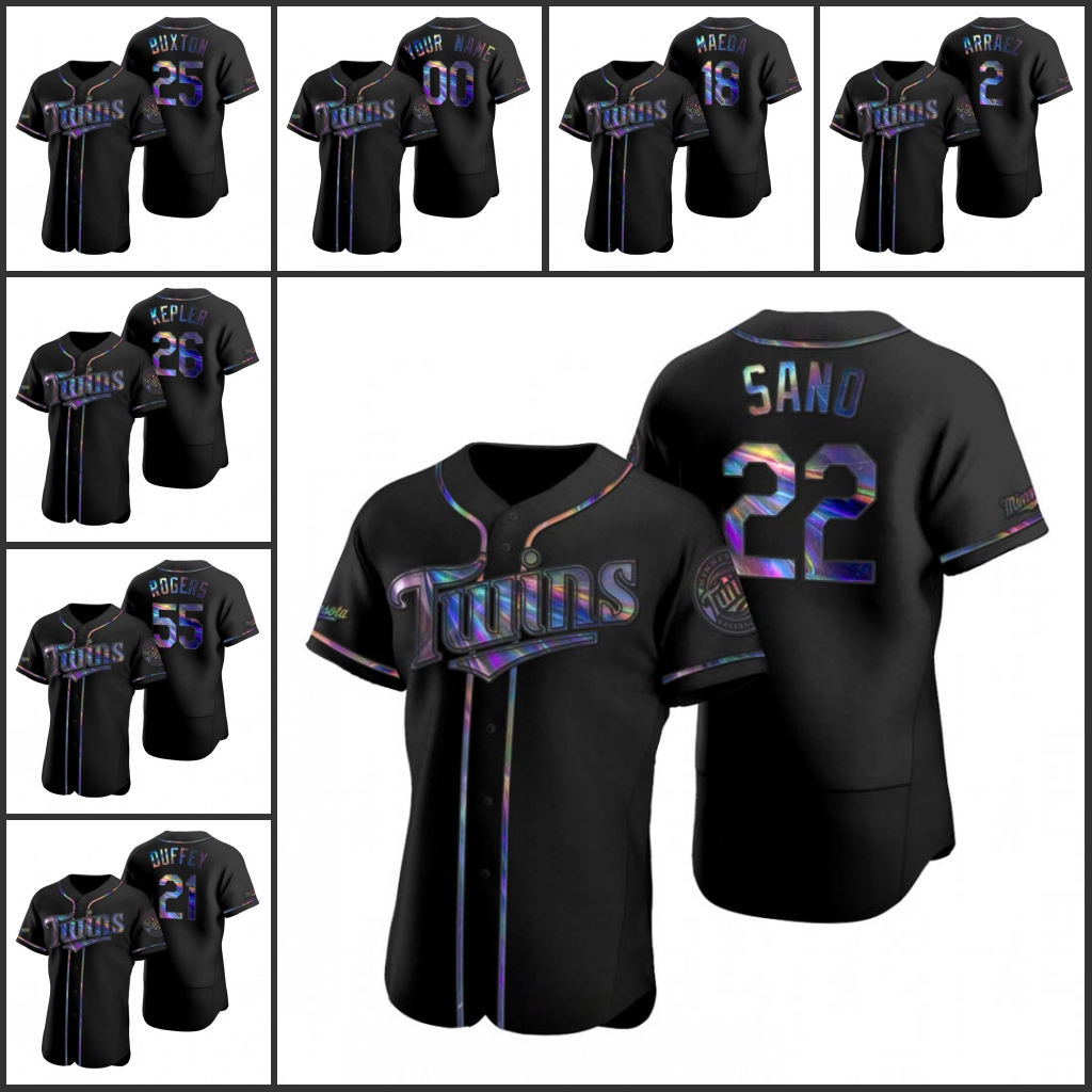 

Minnesota''Twins''Men Women Youth Miguel Sano Max Kepler Byron Buxton Luis Arraez Custom Black Authentic Holographic Golden Edition Jersey