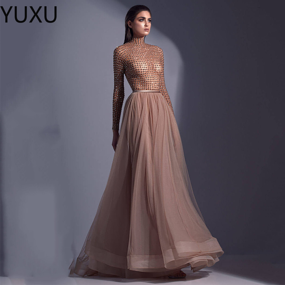 2022 or paillettes manches longues robes de soirée porter illusion cristal perles haute qualité étage longueur robe de soirée robes de bal dos ou