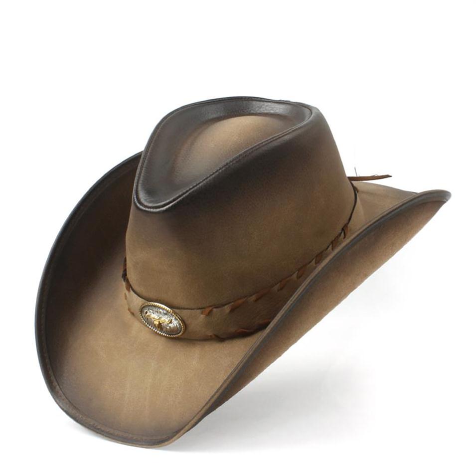 

Jazz hat 36 Stlye 100% Leather Men Western Cowboy Hat For Gentleman Dad Cowgirl Sombrero Hombre Caps Size 58-59CM3093325d, Khaki