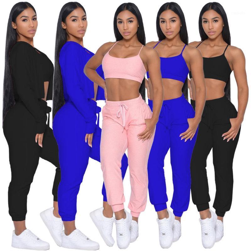 

Women' Two Piece Pants Tracksuit Three Set 2022 Spring Fashion Women Solid Vest Hooded Jacket Sports Casual Matching Streetwear Outfits, Black