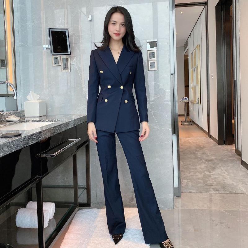 

Women' Two Piece Pants Women' Office Lady Suits Double Breasted Notched Collar Blazer And Long Female Fashion Loose Solid Pieces Set Q, Navy-flare