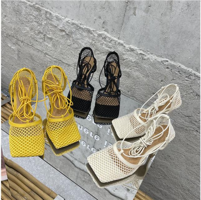 

Sandals 2022 Fashion Black Summer High Heel Lace Up Cross-tied Peep Toe Ankle Strap Net Surface Hollow Out
