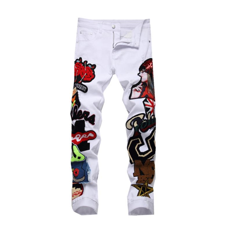 

Men's Jeans Summer Spring Men Europe Straight Tube Trim Motorcycle Embroidered Badge Trend Pants Fashion Casual Ripped PantsMen's, White