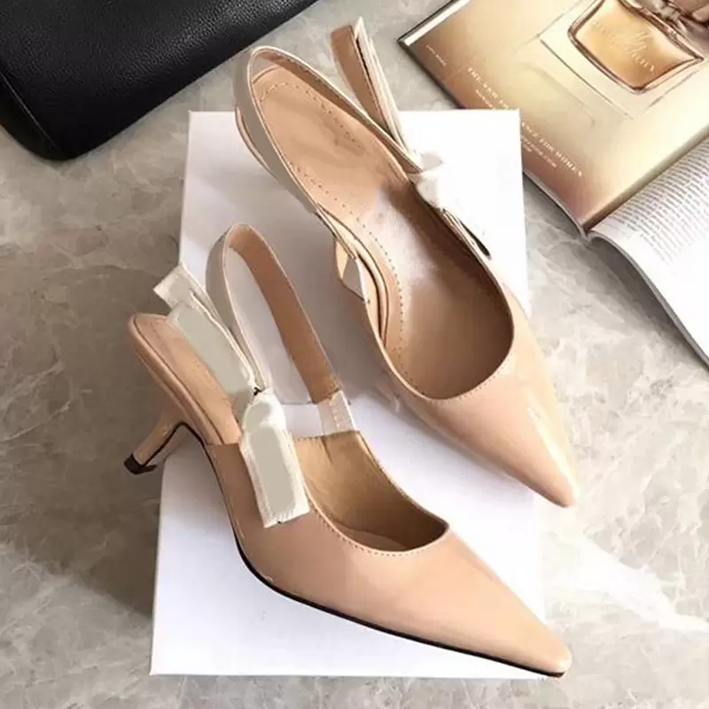 

2022Summer Sling Back Dress Shoes Women Knitted Patent Matte Leather Flat 6.5 9.5CM Heels Elastic Band Designer Pumps, 94