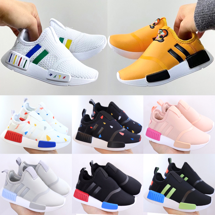 

2022 NMD R1 Slip On Kids Running Shoes Brand Graffiti Toddler Sneakers Core Black Lush Red Boys Girls Children Trainers Size 22-35, Black red purple