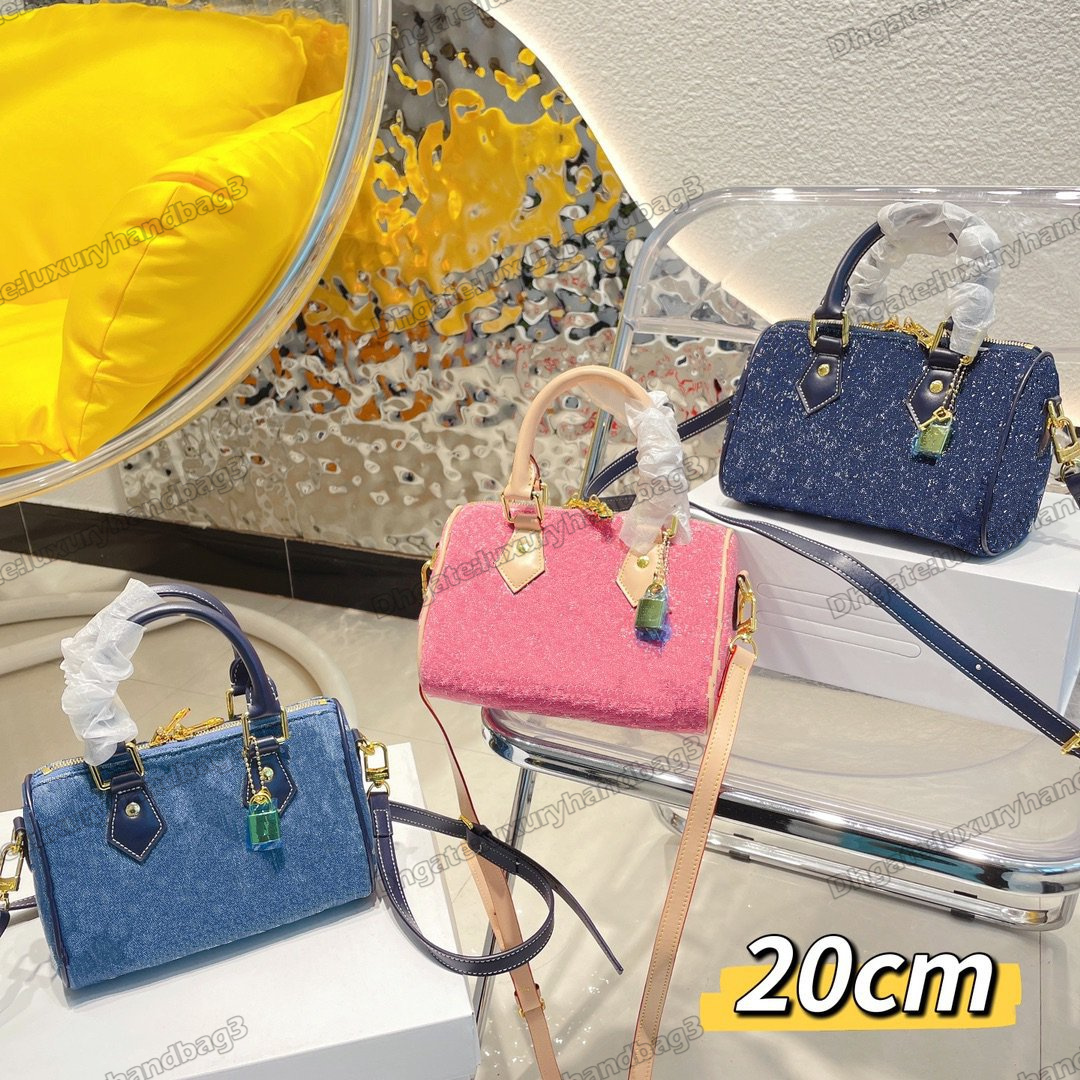 

Mini Speedy Bandouliere 20 Squire Bag Monograms Jacquard Denim Boston Bag with Padlock Designers Luxurys Handbag Navy Blue/Faded Blue/Pink