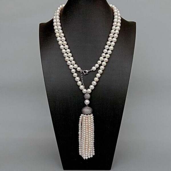 

Freshwater Cultured White Pearl Long Necklace Tassel Cz Pave Pendant