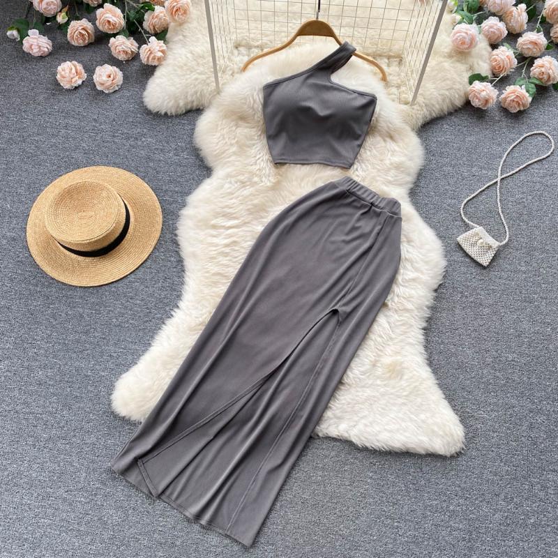 

Casual Dresses Spring Vintage Mature Sexy Knitted Suit One Shoulder Suspender Jacket Women's High Waist Split Skirt Two Piece SetCasual, Black