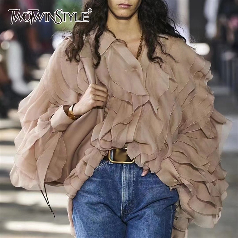 

TWOTWINSTYLE Elegant Patchwork Ruffle Shirt For Women Lapel Long Sleeve Lace Up Bowknot Casual Blouse Female Fashion 220407, Aspicture