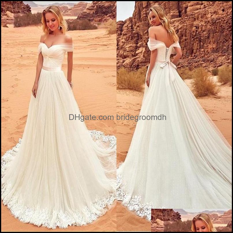 

A Line Wedding Dresses New Arrival Bohemian Off The Shoder Beach Lace-Up Back Sweep Train Simple Boho Bridal Gowns Drop Delivery 2021 Dh801, Same as image
