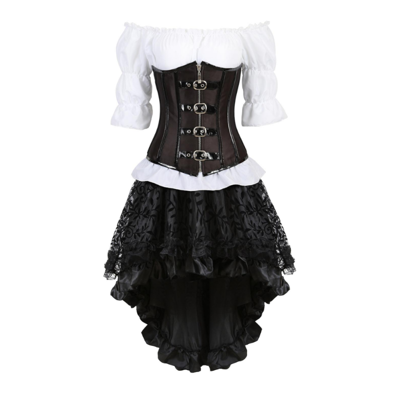 

Bustiers & Corsets Corset Dress Faux Leather Underbust With Steampunk Skirt White Blouse Three-piece Outfits For Women Carnival Dance PartyB, 2834-6505-7056black