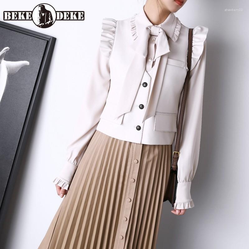 

Women' Vests 2022 Autumn Womens Genuine Leather Vest Ruffle Sleeveless Office Lady V-Neck Elegant Casual Solid Sheepskin Coat Stra22, Black