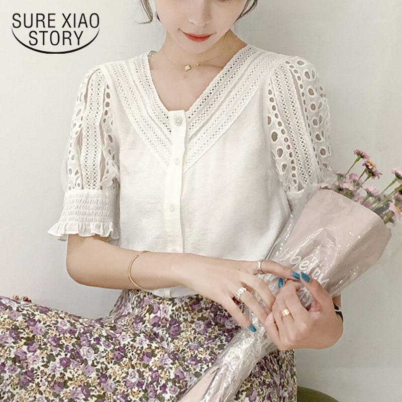 

Summer Sweet Solid Color Puff Sleeve Fashion Women Blouses V-neck Cardiac Hollow Out Chiffon Blouse Female 9556 Women's & Shirts, White