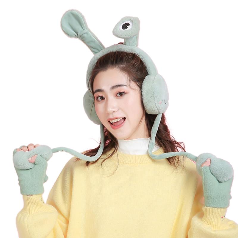 

Berets Parent-Child Winter Cartoon Earmuff With Moving Frog Eyes Plush Ear Warmer Cover A0NF, White