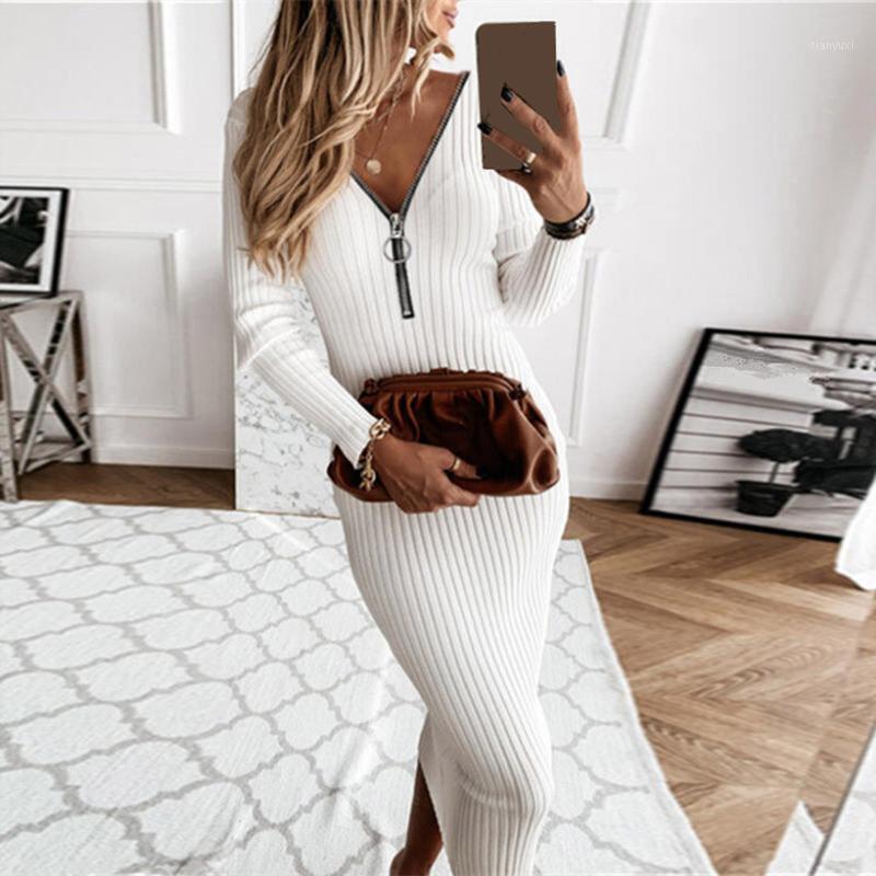 

Casual Dresses Women Slim Sexy Solid Color Dress Zipper V-neck Long Sleeve Stitching Skirt Female Retro Elegant Party, Bw