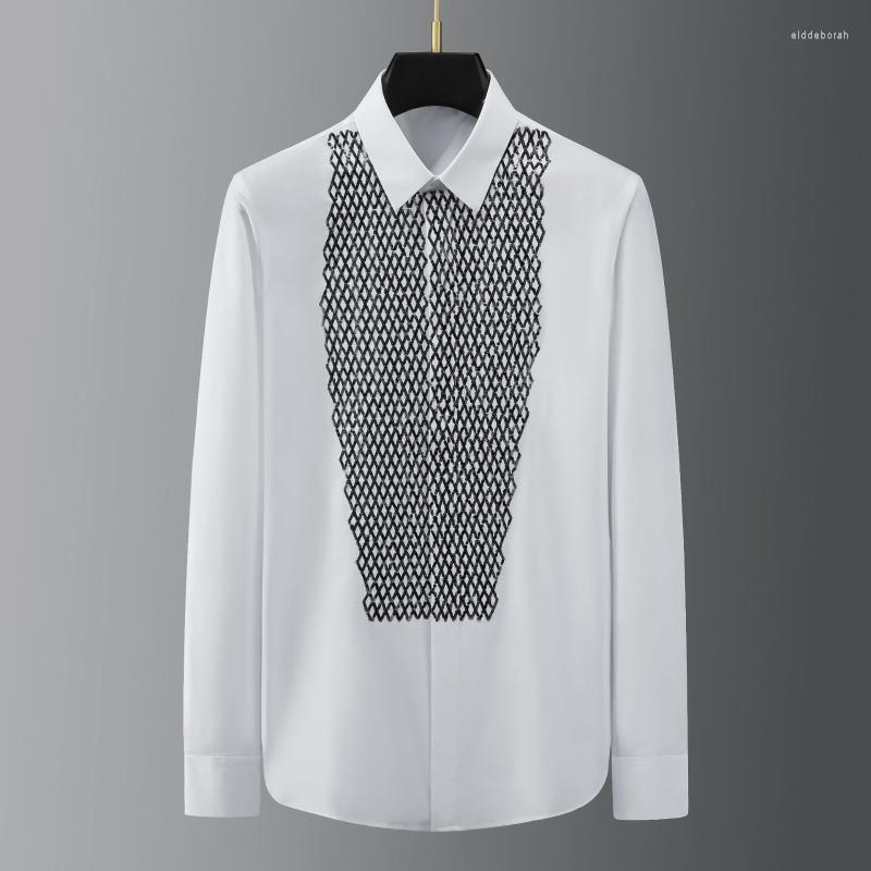 

Men's Casual Shirts British Style Embroidered Fashion Mens Shirt Slim Long Sleeve 2022 High Quality Men Sequin Korean Camisa HombreMen's Eld, Black