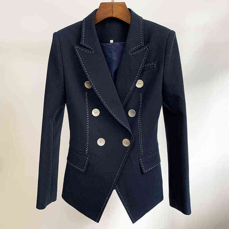 

New Designer Women Blazer White Dark Blue Double Breasted Button Slim Open Thread Decoration Blazer Jacket Suit High Quality J220813, Dark blue suit