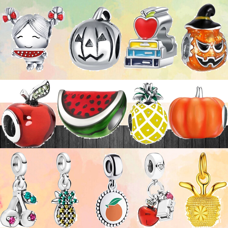 

Fit pandora charms 925 bracelet Bead Original box Cute Red Apple Watermelon Pineapple Pumpkin European charm jewelry