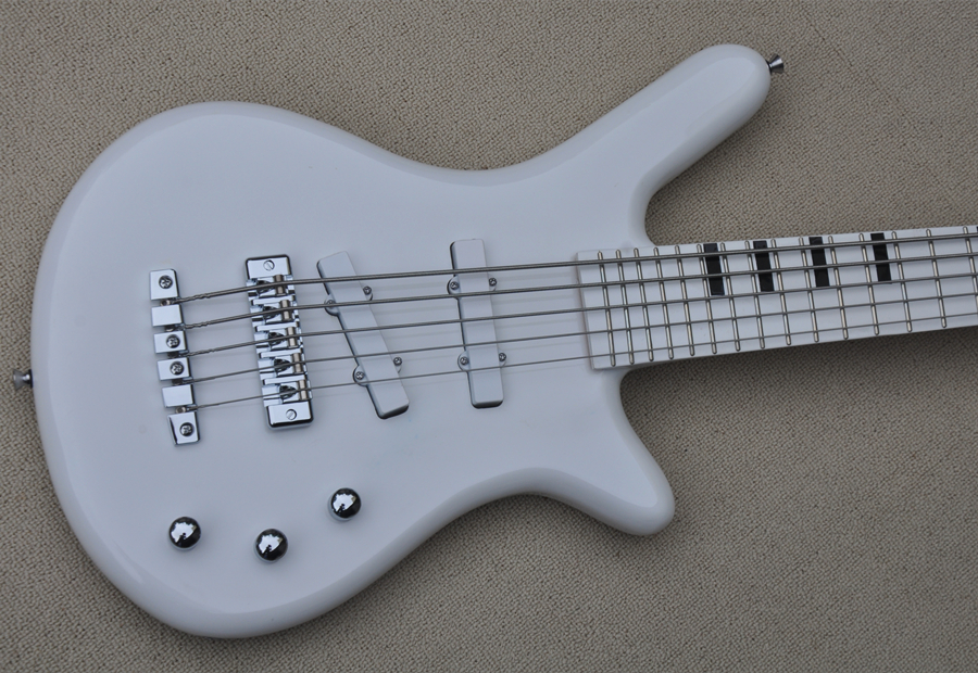 

Custom 5 strings Pure White Electric Bass Guitar with Black Inlays offer customize