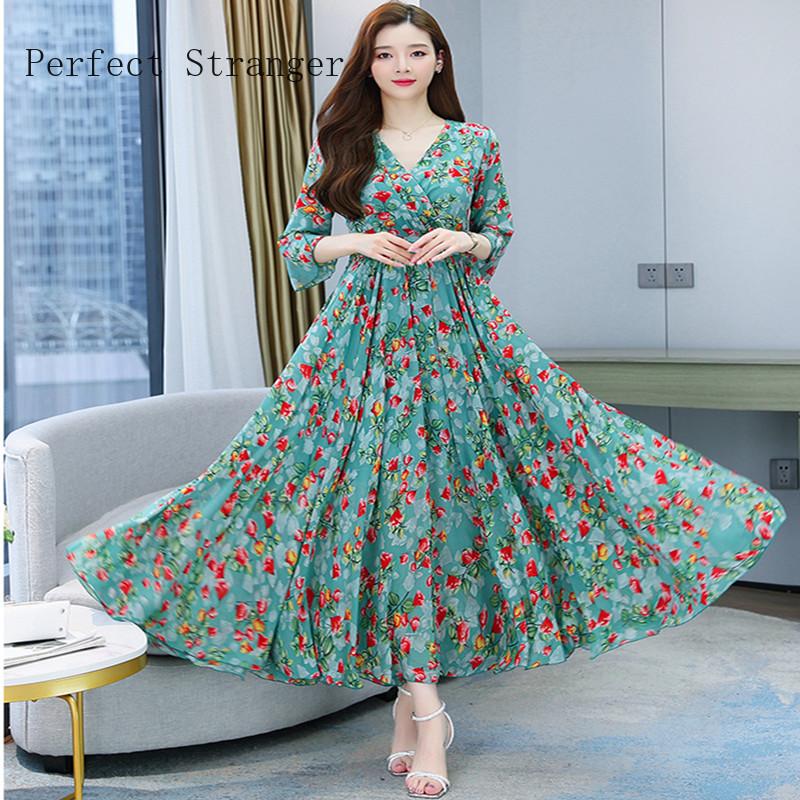 

Party Dresses 2022 Summer Black Print Maxi Dress Arrival High Quality Plus Size -4XL Flower Long Sleeve Women Chiffon Vestidos, Blue