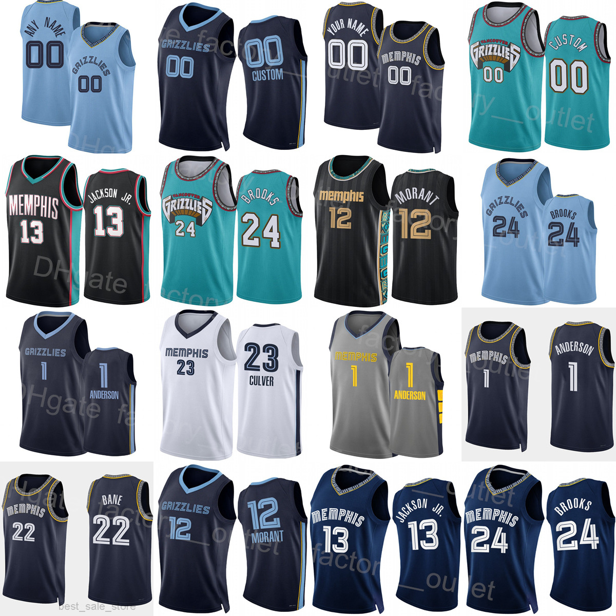 Screen Printed Basketball Ja Morant Jersey 12 Dillon Brooks 24 Desmond Bane 22 Jaren Jackson Jr 13 DeAnthony Melton 0 Kyle Anderson 1 Navy-image-787321843