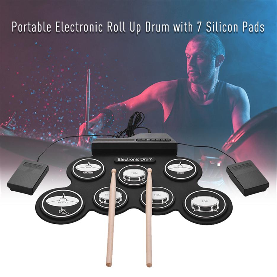 

7 Pads Portable Electronic Drum Set Portable electronic roll up drum Silicon pads Kit with Foot Pedals and Drumsticks kids Beginne279j