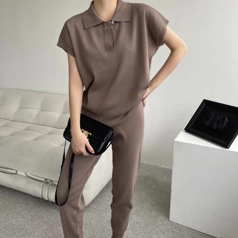 

Women's Two Piece Pants Summer Solid Knitted Women Suits Casual Sweater T-shirts Tops And Ankle Length Harem Sportwear Woman SetsWomen's, Brown