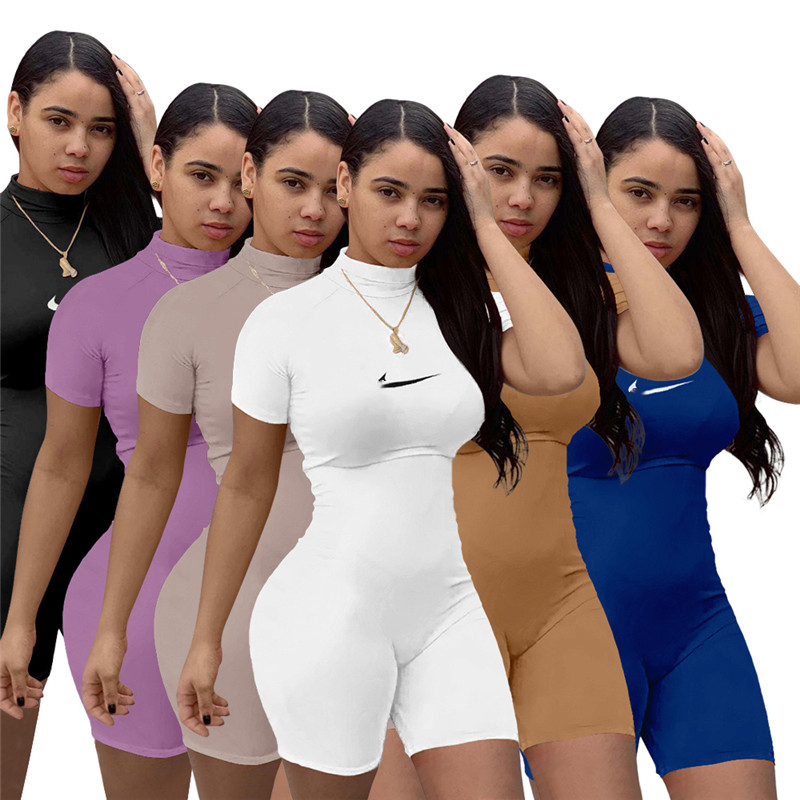 2024 Designer Brand Women Rompers Summer Short Sleeve Jumpsuits Turtleneck Embroidery Skinny Playsuit Solid Bodycon Fitness Bodysuit One Piece Cloth